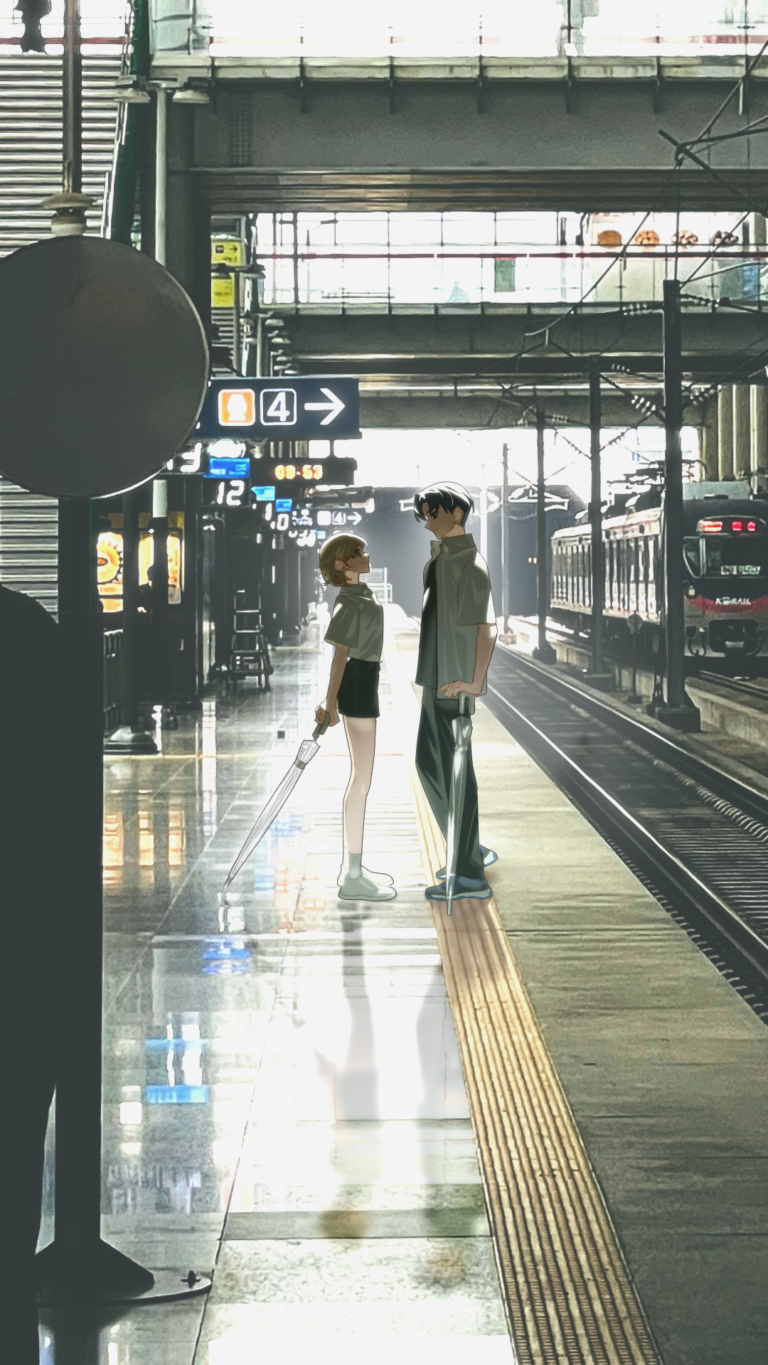비 내린 기차역 플랫폼에서 서로를 바라보는 두 사람